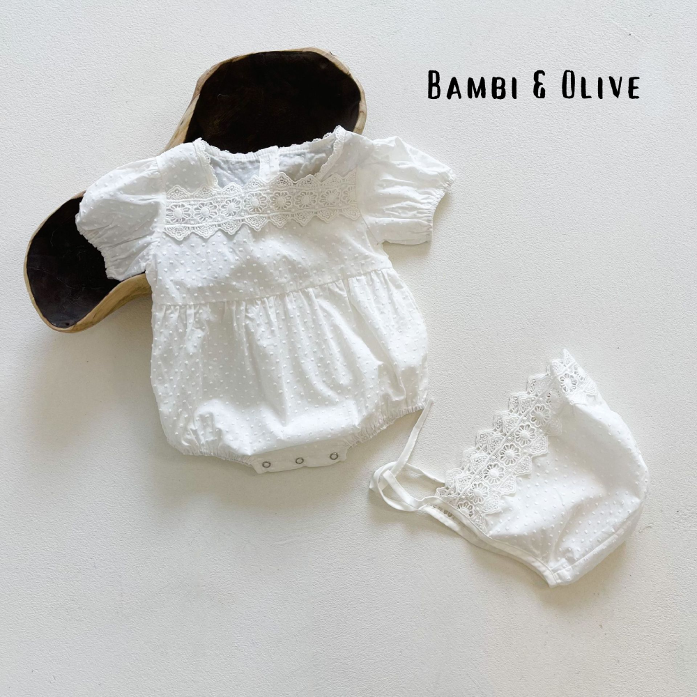 Wonder White Romper + Lace Bonnet