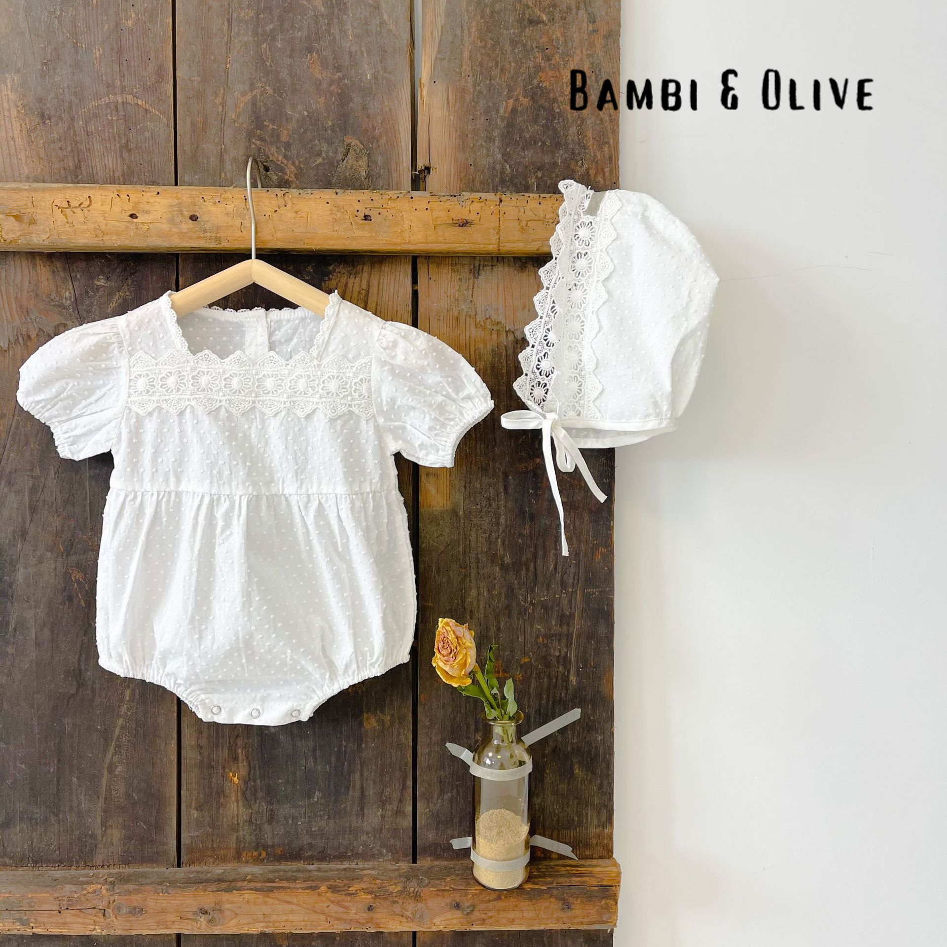 Wonder White Romper + Lace Bonnet